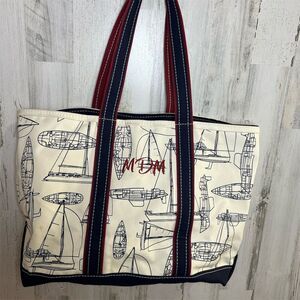Vintage LL Bean Boat and Tote Bag Nautical Sailing Design cream‎ large